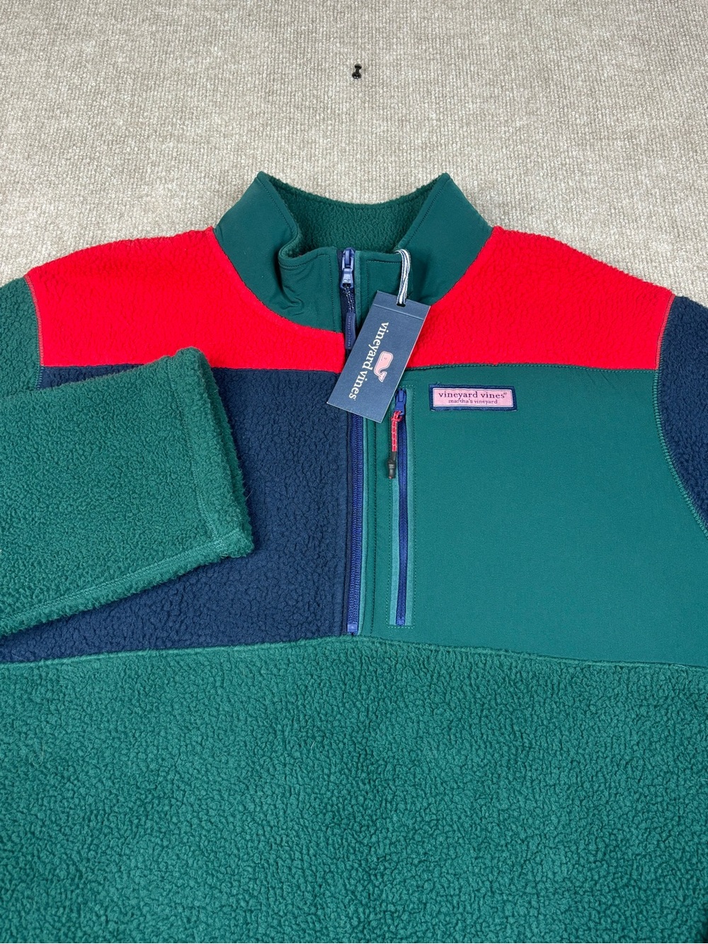 NWT Vineyard Vines 1/4 Zip Fleece Pullover Jacket Mens XL Colorblock Green/Red